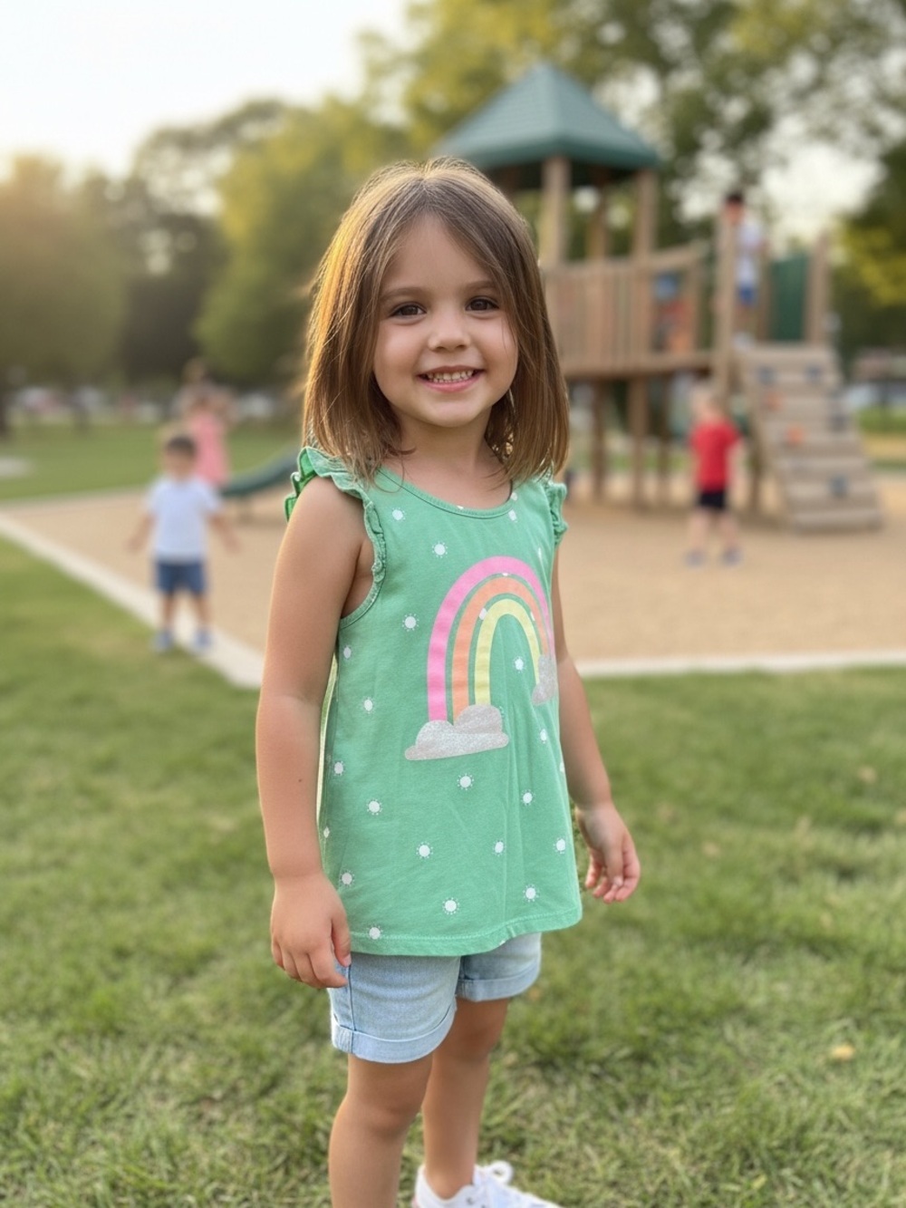 Girls Green Rainbow Ruffle Tank Top - Kids Sleeveless Tee